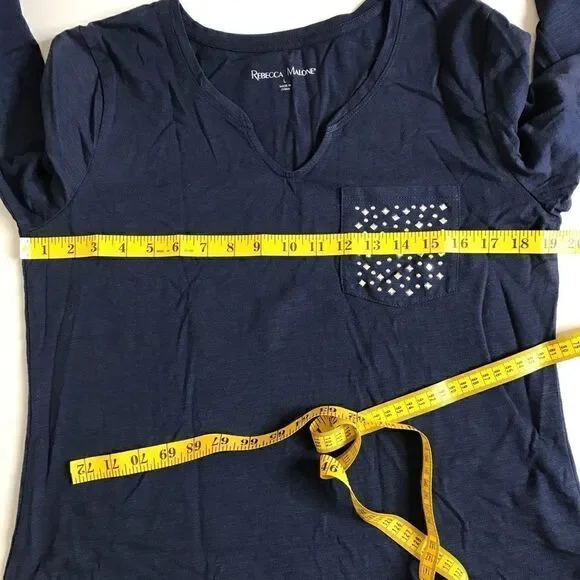 NWT Rebecca Malone Women's 3/4 Sleeve Decorative Pocket Top Blue Silver Large - Picture 8 of 10